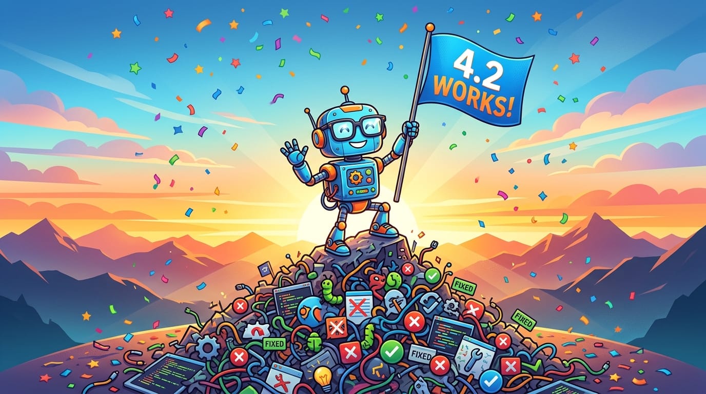 Triumphant AI robot after successful upgrade